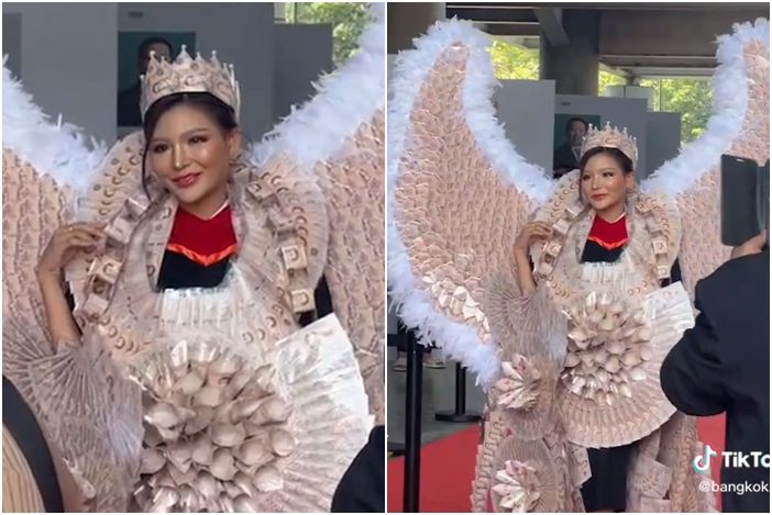▲▼ 曼谷大學分享畢業生影片，有正妹穿上用鈔票製作的天使翅膀。（圖／翻攝自抖音）