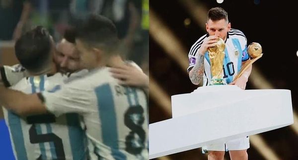 阿根廷奪冠當下，梅西與隊友緊緊抱在一起。（翻攝自推特、Lionel Messi Instagram）