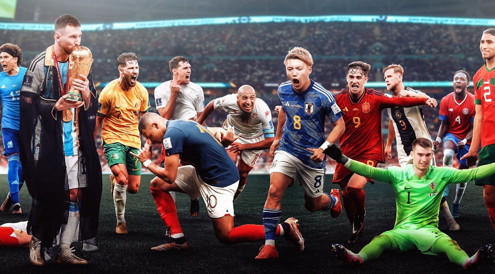 ▲▼FIFA世界盃官方公布合成紀念照，姆巴佩意外向梅西下跪。（圖／擷取自Twitter／@FIFAWorldCup）