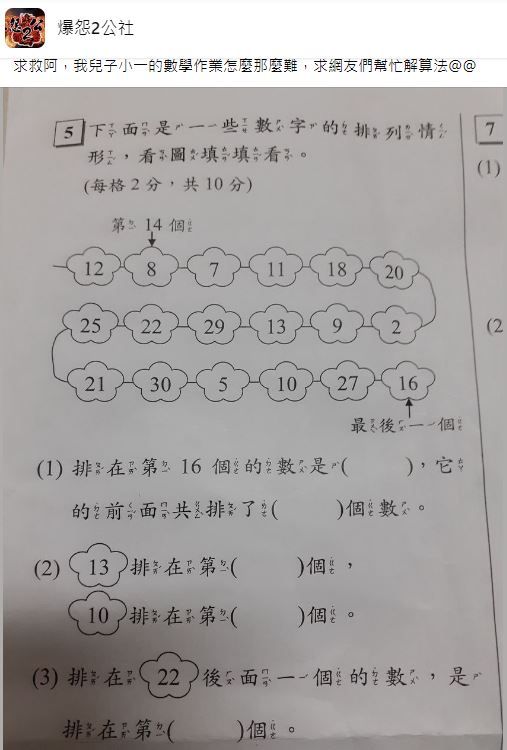 爸爸被小一數學作業難倒。（圖／翻攝自Facebook／爆怨2公社）