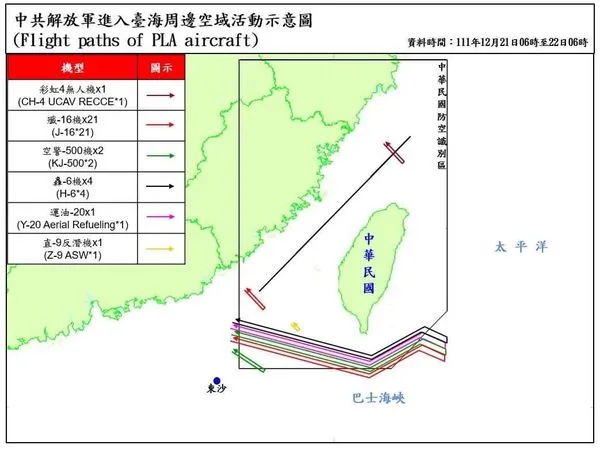 ▲國防部22日公布的共機航跡圖。（圖／國防部提供）