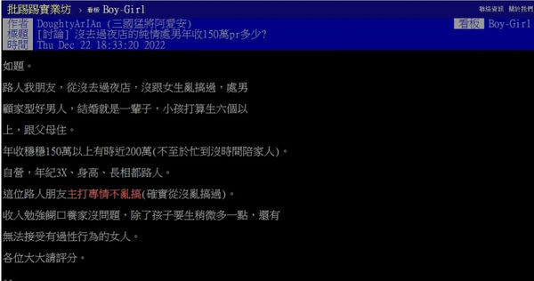 原PO指出，友人相貌平凡、從不去夜店、年收入穩定、情史單純，小孩打算生6個以上。（圖／翻攝自批踢踢實業坊）