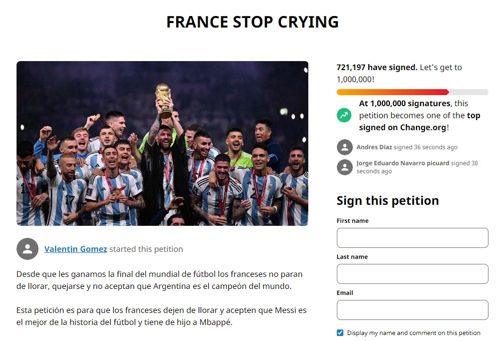 ▲▼阿根廷球迷連署要法國別哭了。（圖／翻攝自Change.org）