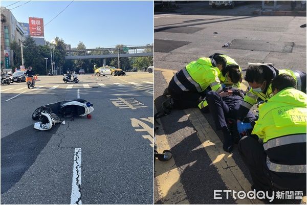 ▲▼新竹東區介壽路與金山街路口，今日發生一起警用機車碰撞計程車事故。（圖／記者陳凱力翻攝）