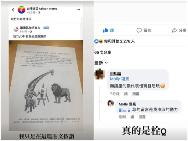 ▲▼按讚「長頸鹿畫獅子」...田慎節被網友說想玩　她11字嗆爆：真的栓Q。（合成圖／翻攝臉書）