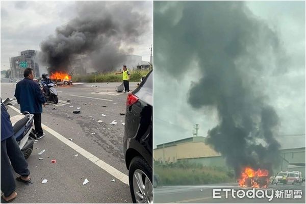 ▲▼苗栗縣頭份省道台13線濫坑里路段超車不當火燒車。（圖／記者蔡文淵翻攝）