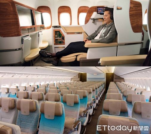 ▲阿聯酋航空台北-杜拜航線B777客機商務艙與經濟艙。（圖／業者提供）