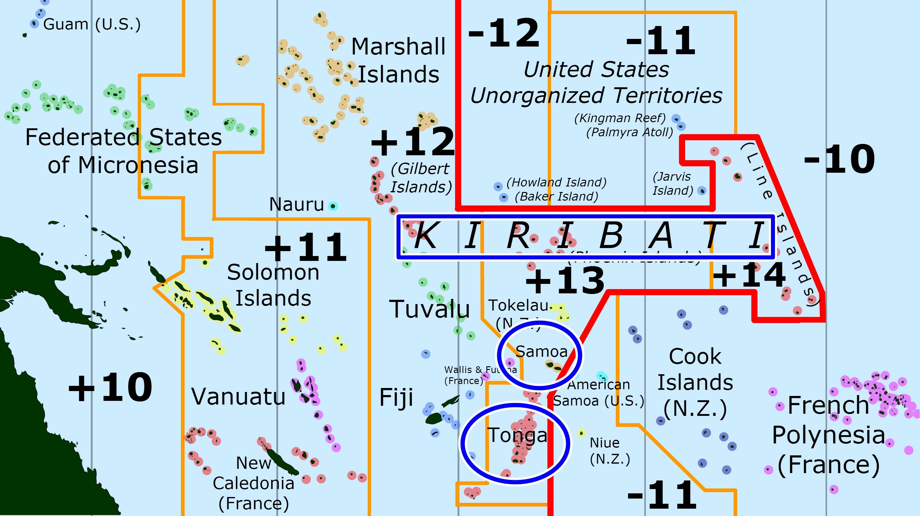 ▲▼全球最早跨年、第一個跨年國家是太平洋的3個島國東加（Tonga）、薩摩亞（Samoa）以及吉里巴斯（Kiribati）（藍圈處）。（圖／取自美國國家海洋暨大氣總署NOAA）