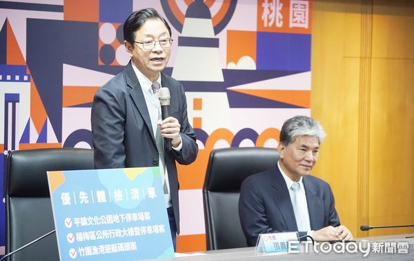 ▲桃園市長張善政今天召開桃園市公共工程總體檢，說明為何挑選平鎮文化公園地下停車場等3項公共工程優先體檢原因。（圖／記者沈繼昌翻攝）