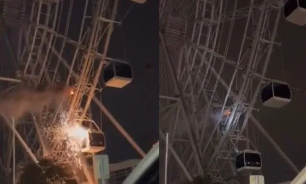 跨年夜摩天輪突然起火爆炸　62名遊客搖晃困121公尺高空畫面曝光。（圖／翻攝自Twitter）