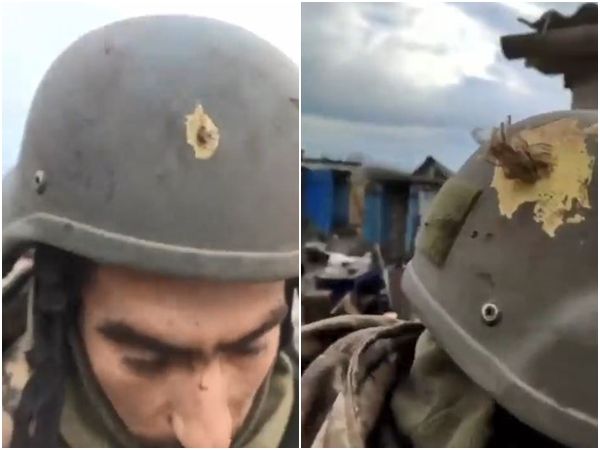 ▲▼烏克蘭士兵頭盔被射穿，但他除了輕微擦傷並無大礙。（圖／翻攝自推特@nexta_tv）