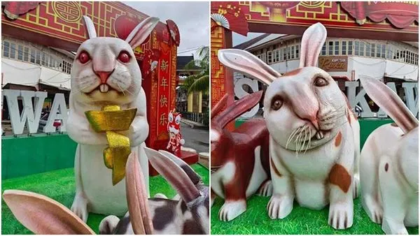 ▲▼印尼山口洋市（Kota Singkawang）咖啡廳Kopitiam Rusen前方廣場的新春吉祥物兔兔。（圖／翻攝臉書）