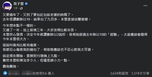 作家吳子雲在臉書發起活動，以按讚數量決定安太座紅包金額，荷包因此損失慘重，貼文按讚數已累計9.6萬。（翻攝自吳子雲臉書）