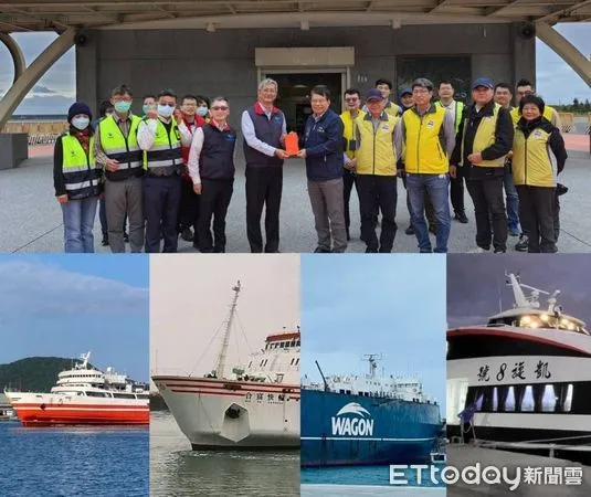 ▲交通部長王國材(前排右五)致贈加菜金嘉勉航港局及港務公司同仁疏運工作辛勞，由航港局局長葉協隆(前排前排左五)率副局長劉志鴻(前排左四)等接受；下圖為接受徵召參與疏運的四艘船（圖／航港局提供）