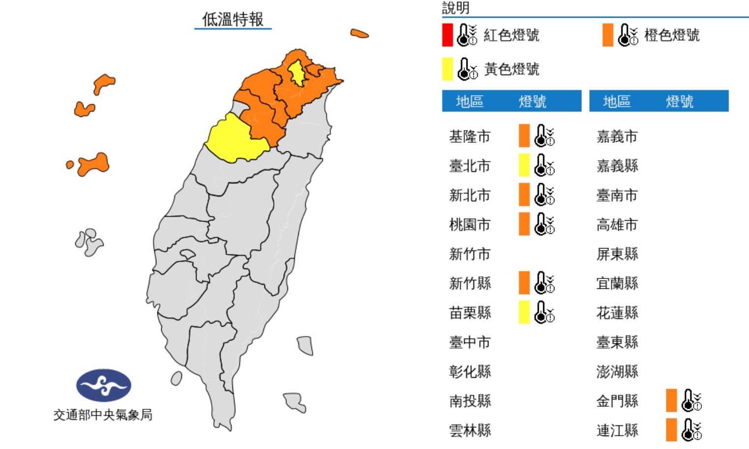 ▲▼氣象局發布低溫特報，八個縣市可能出現十度以下低溫。（圖／氣象局）