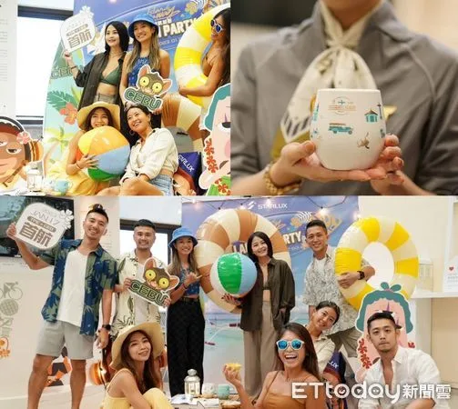 ▲星宇航空在機場候機室辦海灘派對，送首航旅客活潑討喜的宿霧金把紀念杯。（圖／星宇提供）