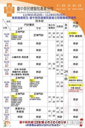 ▲▼  嘉義暨灣橋榮院春節門診時段調整急診服務  。（圖／台中榮總嘉義分院提供）