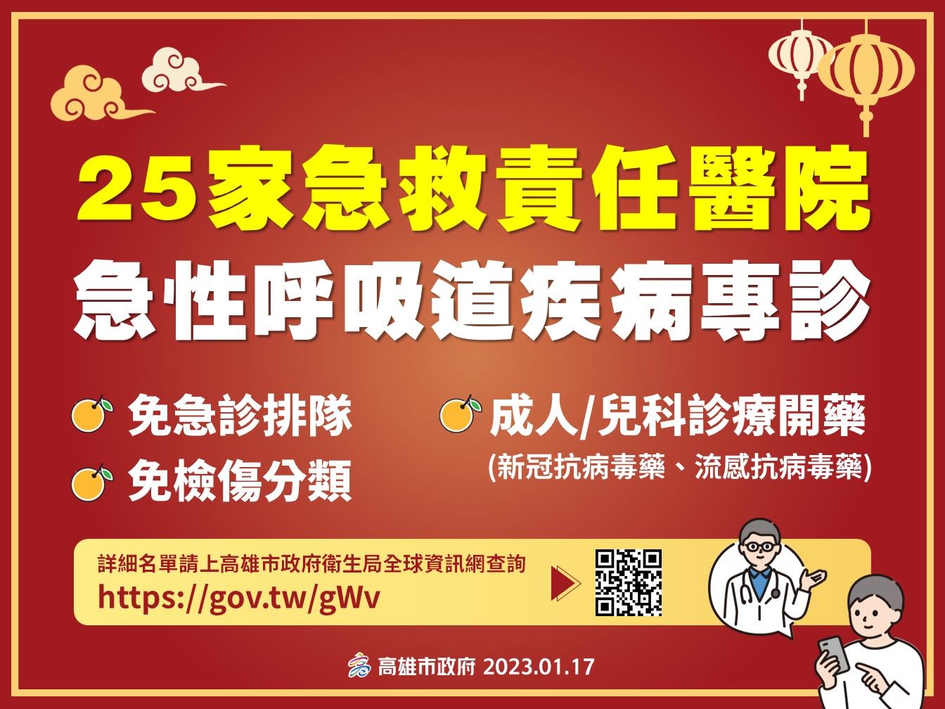 ▲▼高雄市25家醫院春節開設急性呼吸道專診。（圖／高雄市政府提供）