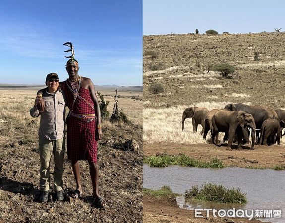 ▲顏益財(左)與肯亞帥哥歡喜合照，右為野生動物園內的象群。（圖／顏益財提供）