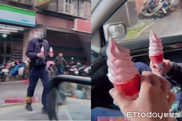 ▲▼員警為了買草莓優格霜淇淋，違規穿越馬路被拍下。（圖／記者邱中岳翻攝）