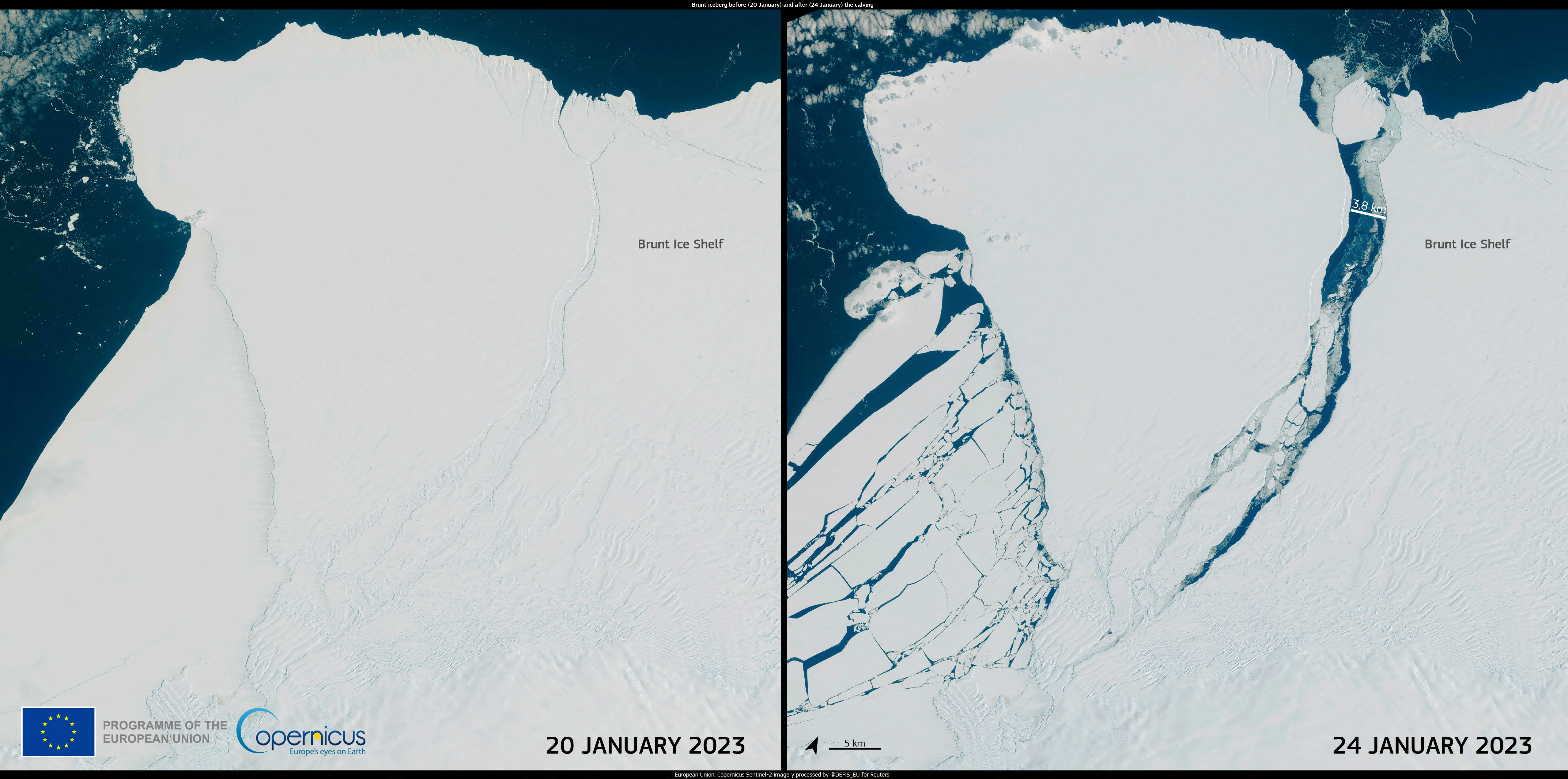 ▲南極一座冰山最近從布倫特冰架（Brunt Ice Shelf）崩離，面積相當於大倫敦地區。。（圖／路透）
