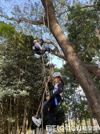 ▲台南山上花園水道博物館，除搭配古蹟規劃大片花海以外，還利用林木蒼鬱的密林區，舉辦結合環境教育的攀樹體驗。（圖／記者林悅翻攝，下同）