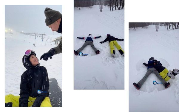洪文安與孫智宏到日本湯澤滑雪，兩人在雪堆中玩起「雪天使」，超級浪漫。（翻攝自洪文安IG）