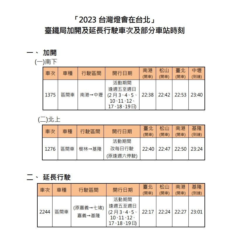 ▲▼2023台灣燈會在台北，台鐵列車加開及延長時刻表。（圖／台鐵）