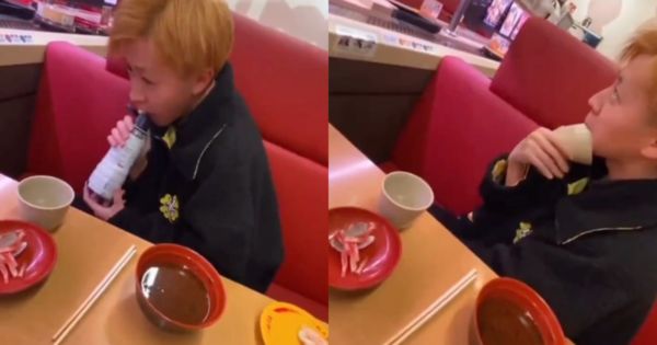 日本一名17歲男子到壽司郎舔醬油罐、茶碗遭炎上。（翻攝自推特）