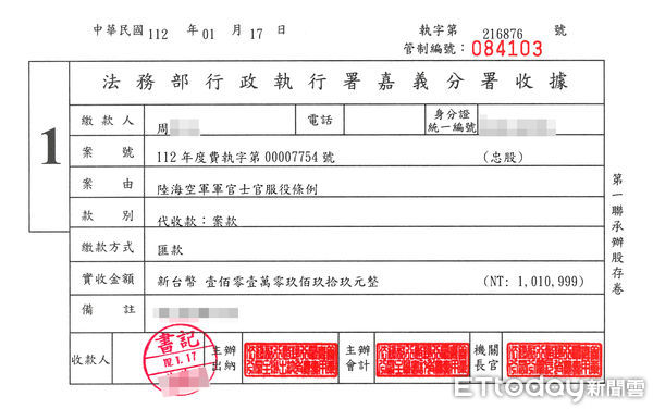 ▲▼ 前退輔會職員詐取榮民退養金判刑14年半，嘉義分署扣押存款追回退伍金。（圖／法務部行政執行署嘉義分署提供）