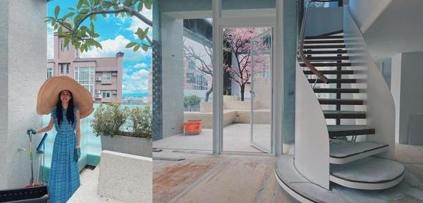 隋棠2021年10月在臉書公布新家裝潢，其中引發關注的就是樓中樓的挑高設計，一進門有純白旋轉樓梯。（翻攝自隋棠臉書）