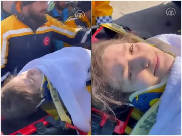 ▲▼土耳其強震受困80個小時後，少女重見光明，對著救難人員微笑落淚。（圖／翻攝自YouTube／TRT Haber）