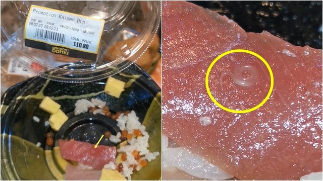 ▲▼新加坡唐吉軻德的海鮮丼飯出現寄生蟲。（圖／翻攝臉書）