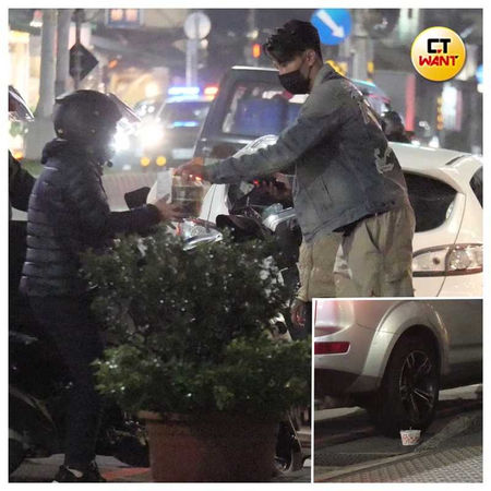 二月九日傍晚，龍語申將車停在何依霈社區外等外送，疑似棄置一個餐盒在馬路邊，接著拿著食物回自己家。（圖／本刊攝影組）
