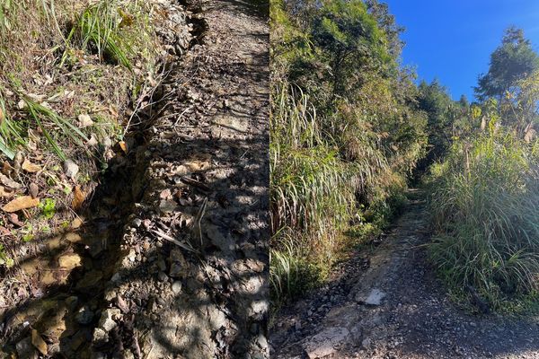 ▲▼大同鄉四季林道路基流失、上邊坡崩塌（上圖）及路面沖刷等。（圖／羅東林管處提供，下同）