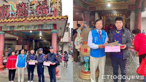 ▲蘆洲義警中隊長贈祭品慰勞 盼警獲神力守護家園。（圖／記者戴上容翻攝）