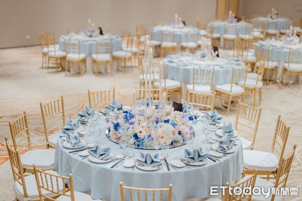▲茹曦酒店於本月25日婚禮市集活動當天，將首次對外公開以莫蘭迪藍色為基調的唯美系宴會廳。（圖／雲品國際提供）