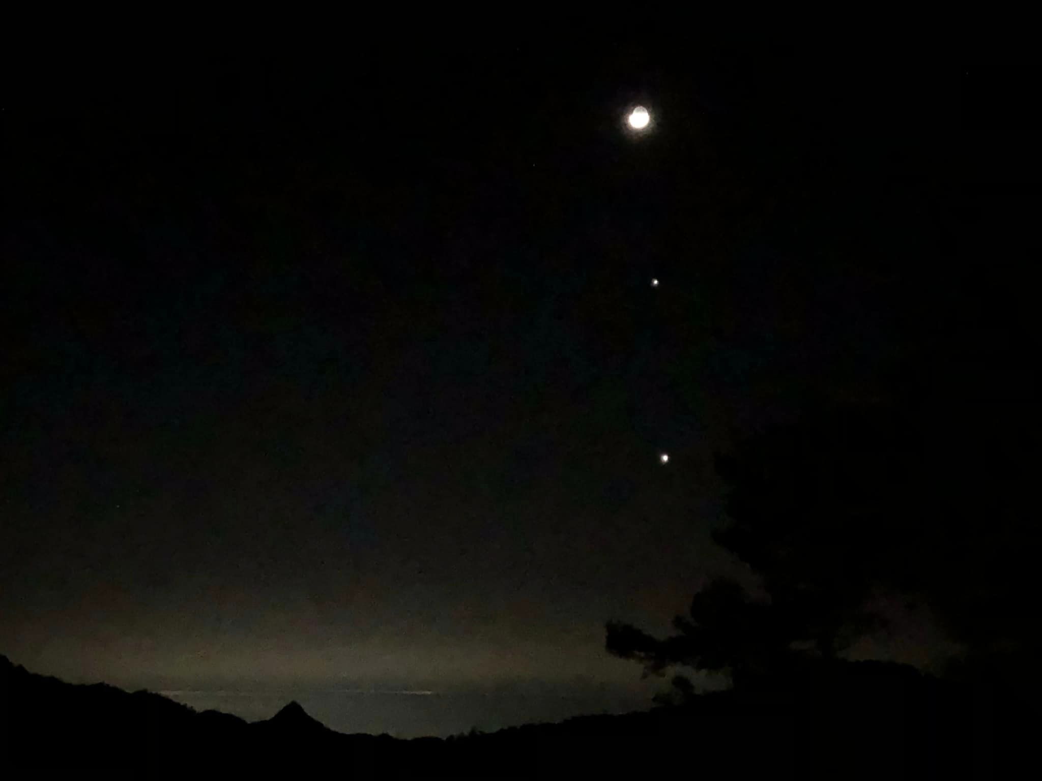 ▲今晚月亮、木星及金星在西方天空排成一列。（圖／翻攝自Facebook／大雪山國家森林遊樂區）