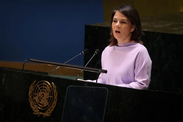 ▲▼德國外交部長貝爾伯克（Annalena Baerbock）23日在聯合國大會發表談話。（圖／路透）