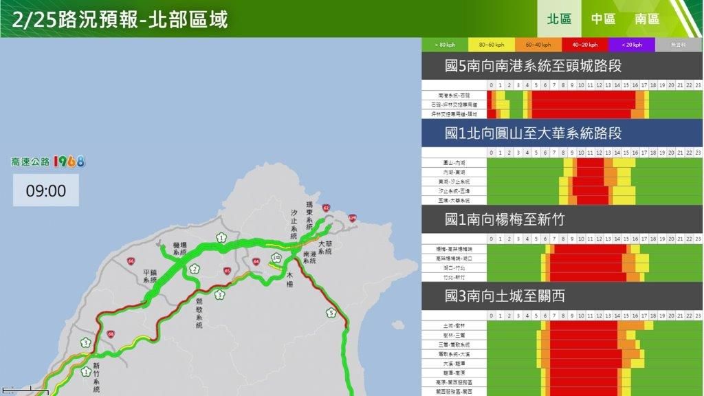 ▲▼2/25連假首日疏運及易塞時段路段。（圖／高公局）