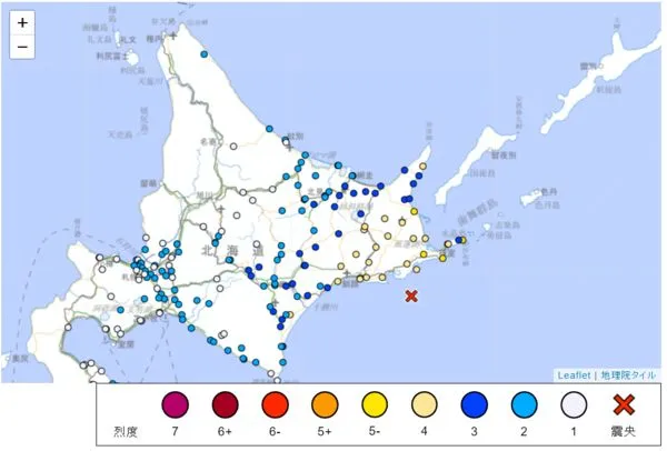 ▲▼北海道釧路近海發生規模6.1地震。（圖／翻攝自日本氣象廳）