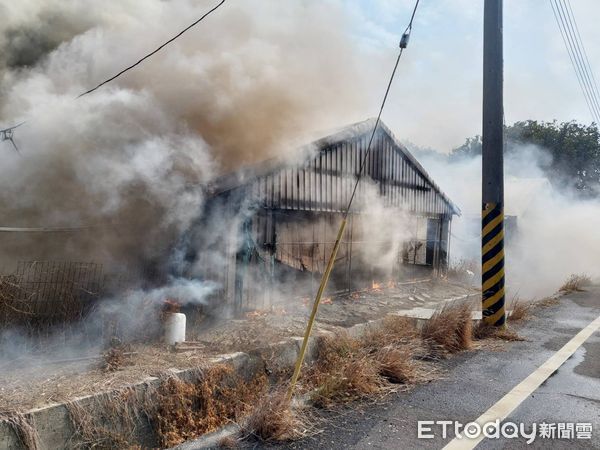 ▲台南市鹽水下寮26日下午發生雞舍火警，消防人員全力滅火。（圖／記者林悅翻攝，下同）