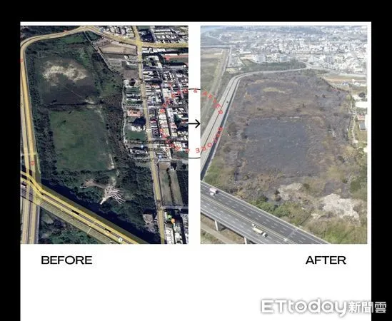 ▲▼後龍遠雄健康生活園區火燒前、後空拍影像對比，火災後園區預定地一片焦黑。（圖／苗栗縣消防局提供）