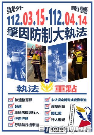 ▲台南市警局3月15日起至4月14日止，將舉行為期１個月的肇因防制大執法。（圖／記者林悅翻攝，下同）