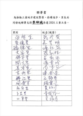 ▲▼三重立委選區共有103位里長，截至今天已有100位里長共同連署支持李坤城參選2024年的三重立委。（圖／李坤城提供）