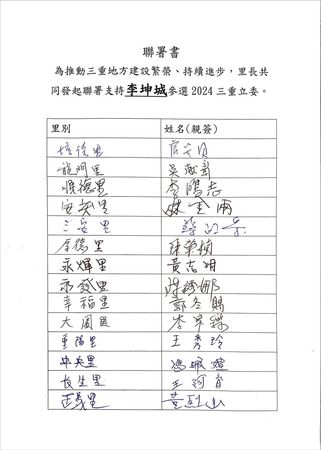 ▲▼三重立委選區共有103位里長，截至今天已有100位里長共同連署支持李坤城參選2024年的三重立委。（圖／李坤城提供）