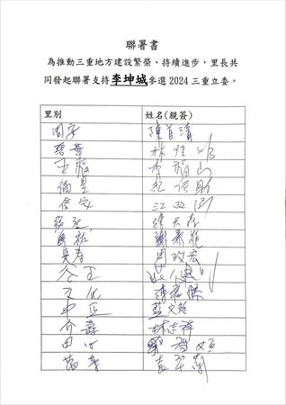 ▲▼三重立委選區共有103位里長，截至今天已有100位里長共同連署支持李坤城參選2024年的三重立委。（圖／李坤城提供）