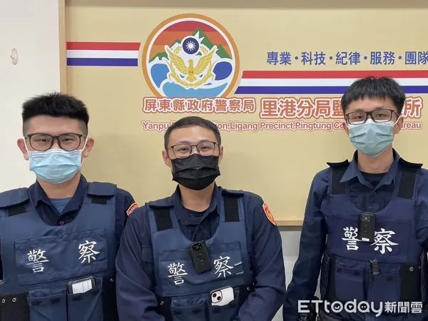 ▲里港警分局鹽埔分駐所巡佐邱皓暉、警員郭育彰及陳海涵開道護送婦人就醫            。（圖／記者陳崑福翻攝，下同）