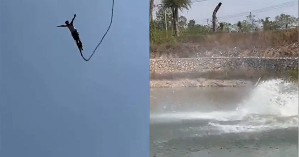 香港男子在泰國玩高空彈跳，結果繩索竟然斷裂，讓男子直接插入湖底。（圖／翻攝自微博）