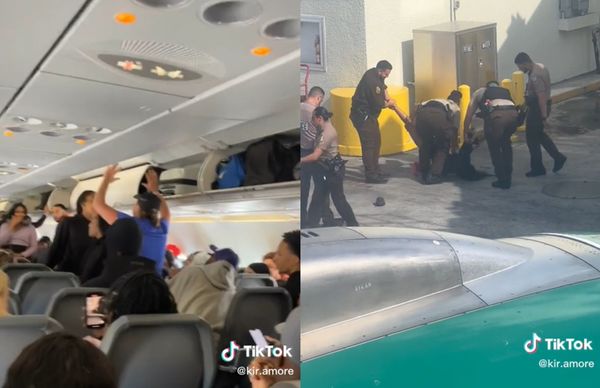 搭機和乘客吵架還「暴咬警察」  24歲女大鬧機艙被拖走畫面曝光。（圖／翻攝自TikTok／kir.amore）
